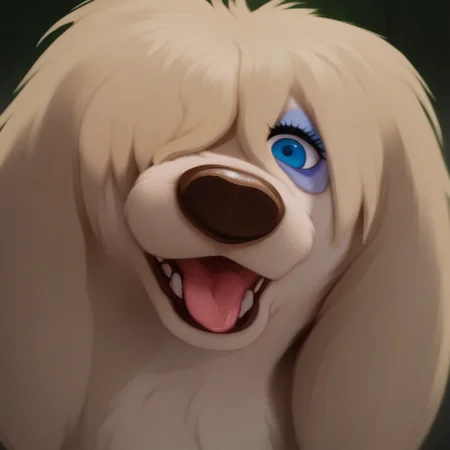 score_9, score_8_up, score_7_up, masterpiece, best quality, highly detailed, realistic, PegLTT, 1girl, solo, furry, feral, canine, tan body, tan fur, light-blue eyeshadow, blue eyes, black pupils, brown nose, hair over one eye, looking at viewer, tongue, open mouth, tooth, smile, close-up
