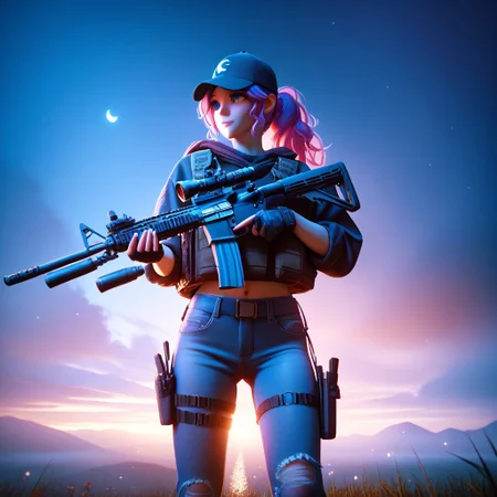 score_9, score_8_up, score_7_up, score_6_up, score_5_up, score_4_up, source_anime, (Anime girl:1.2), (3D style:1), masterpiece, trending on artstation, high quality, Pixel-perfect precision, pristine detail, 8K resolution, high fidelity, Insane quality, <lora:Holding_Weapon_Lora_-_For_Pony_models:1> ho1ding-weap0n, 1girl, holding rifle, standing, night