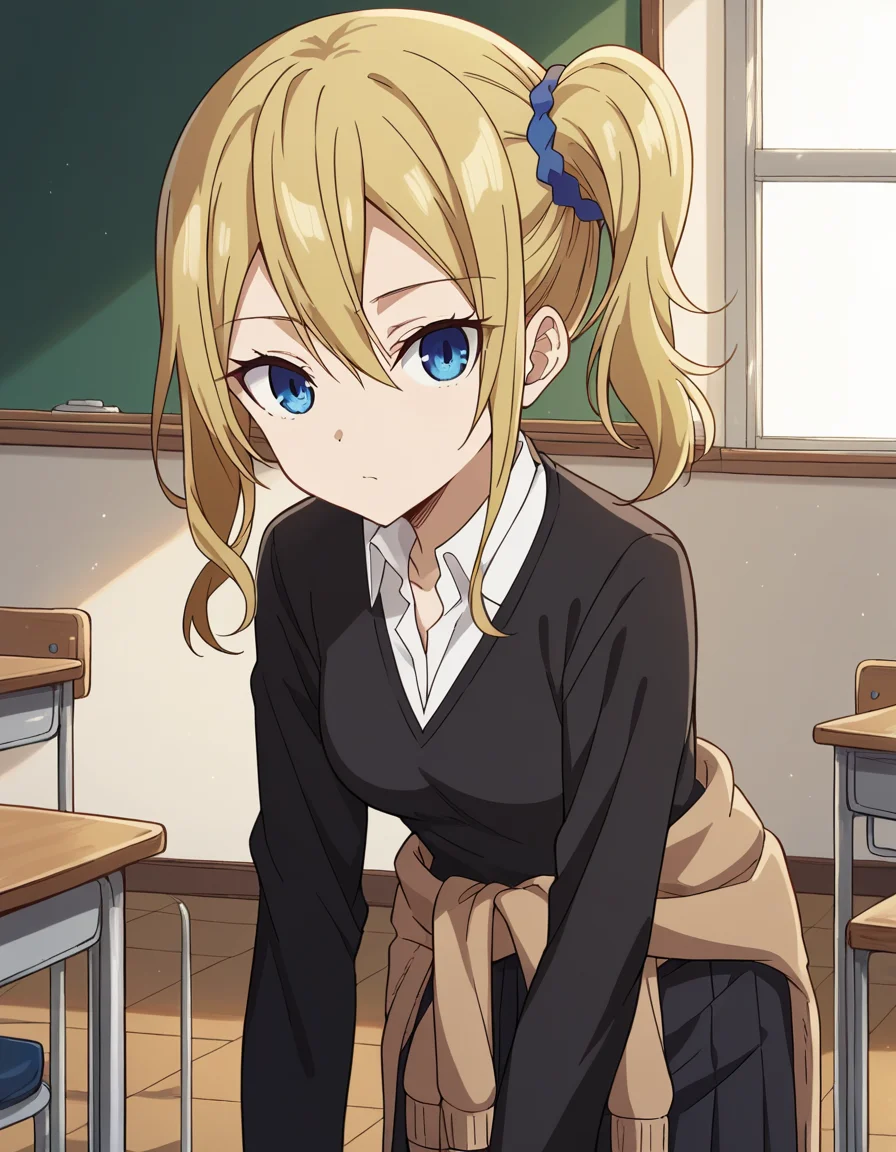 score_9, score_8_up, score_7_up, source_anime,
aihayasaka, <lora:ai-hayasaka-s3-ponyxl-lora-nochekaiser:1>,
ai hayasaka, bangs, blue eyes, blonde hair, hair ornament, hair between eyes, sidelocks, side ponytail, scrunchie, hair scrunchie, blue scrunchie,
shirt, long sleeves, school uniform, shoes, socks, sweater, cardigan, black socks, clothes around waist, shuuchiin academy school uniform, sweater around waist, cardigan around waist,
indoors, classroom, bent over,
looking at viewer, cowboy shot, dutch angle, solo,
