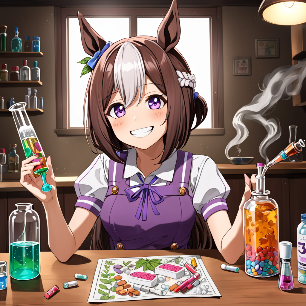 specialweek, tail, horse girl, horse ears, brown hair, purple eyes, anime drawing, ultra-detailed, best quality, 
bong, drugs, indoors, table, happy, smiling, smoke, 
 <lora:specialweek:1>