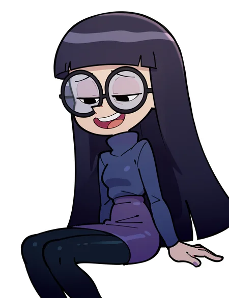 score_9, score_8_up, score_7_up, score_6_up, score_5_up, score_4_up, 1girl, <lora:Pandora_Les_filles_de_dad:0.9> pandora, glasses, long hair, turtleneck sweater, purple footwear, skirt, black pantyhose, long hair, blunt bangs, half-closed eyes, solo, cowboy shot, black eyes, white background, sitting, smile, open mouth, teeth,
<lora:WD-MAnon-XLV3-000024:0.8>