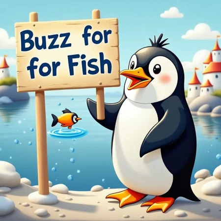 buzz, furry penguin next to a sign with text "buzz for fish" <lora:buzz-text:.85>