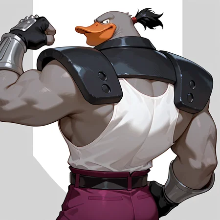 Score_9, score_8_up, score_7_up,result_9, result_8, result_7, result_6, masterpiece,solo.(Ultra best details), best quality, good binding quality,4k, ,1boy, 50lly2, (sharp focus, perfect_anatomy), , detailes face, detailed feathers, perfect anatomy, masterpiece, best quality, amazing quality, very aesthetic,highres, absurdres, ,Hardwing_(MD), orange beak, broad chin, grey skin, anthron duck, black ponytail, red vizor, white tank top, black shoulder pads, metal armband, one fingerless glove, purple pants, standing, back view, view over shoulder, looking at viewer, one arm flexed, flexing_arm