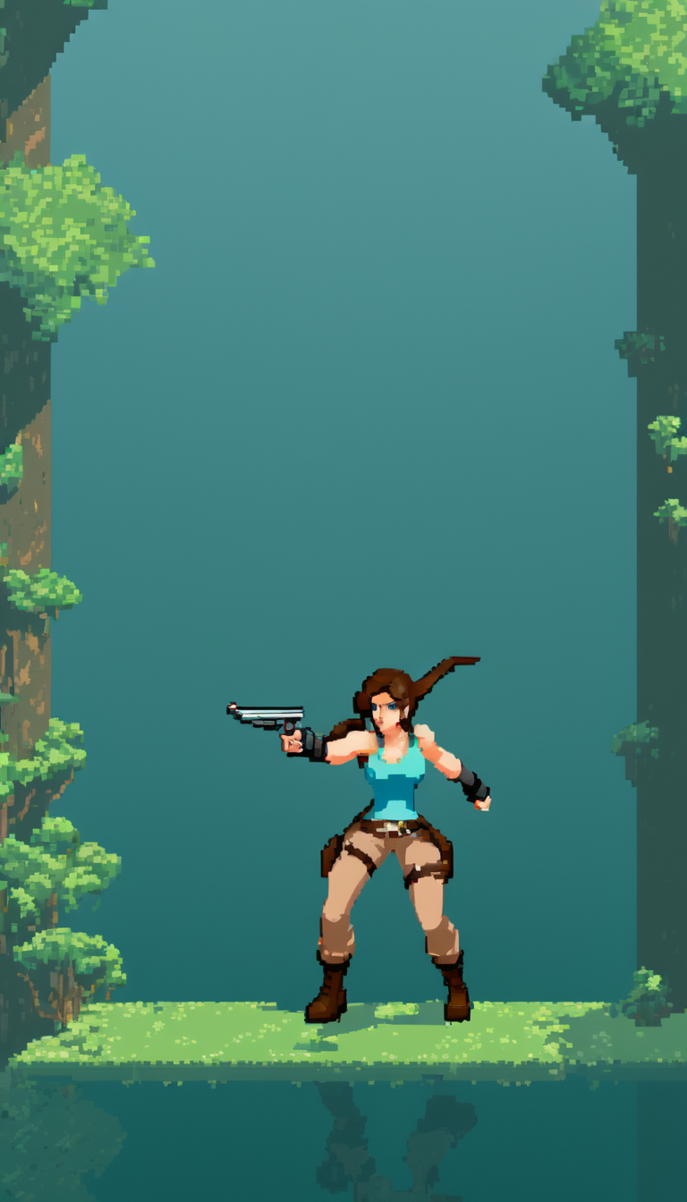 pixel-art Cinematic scene, hero view, Lara Croft <lora:lara_croft_xl_v2:1>, action pose, detailed background, masterpiece, best quality, high quality, highres, absurdres . low-res, blocky, pixel art style, 8-bit graphics