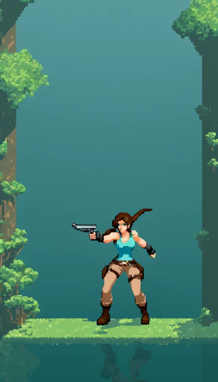 pixel-art Cinematic scene, hero view, Lara Croft <lora:lara_croft_xl_v2:1>, action pose, detailed background, masterpiece, best quality, high quality, highres, absurdres . low-res, blocky, pixel art style, 8-bit graphics