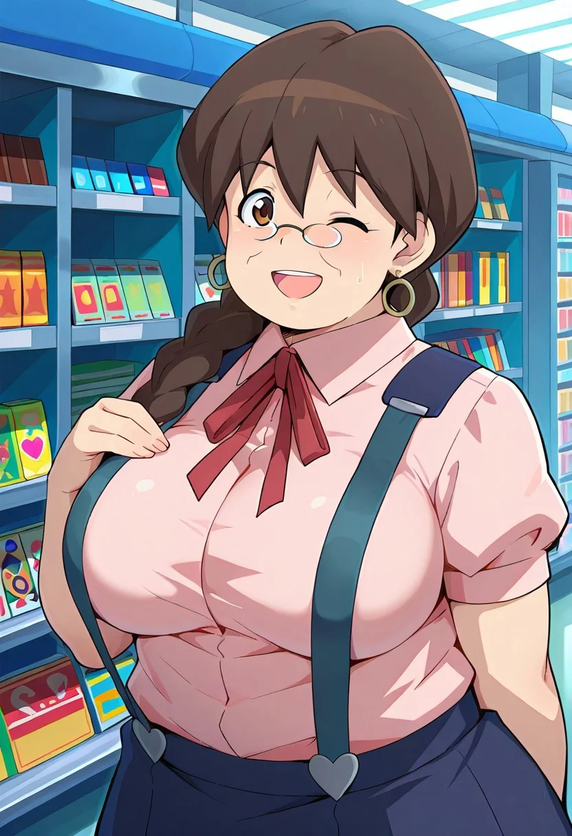 score_9,score_8_up,score_7_up,score_6_up,best quality,masterpiece, background is card shop, 1girl, solo,
BREAK
dorothygx, mature female, plump, brown hair, braid, glasses, brown eyes, looking at viewer, pink shirt, large breast, suspenders, short sleeves, blue skirt, one eye closed, open mouth, smile,