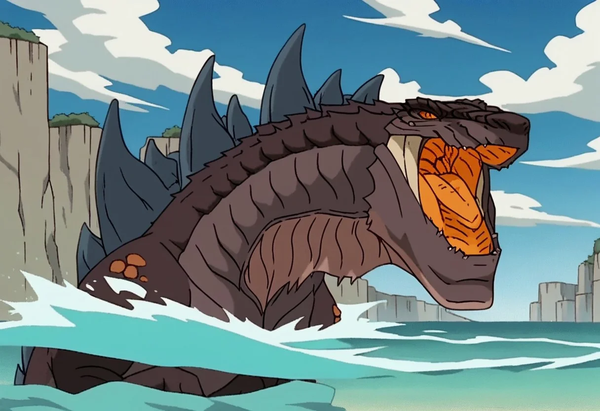 score_9, score_8_up, score_7_up, score_6_up, score_5_up, score_4_up, rating_safe, (masterpiece), (extremely intricate:1.3), (animated screencap), anime portrait, full-length portrait, godzilla_TAS, orange maw, solo, full body, sharp focus, detailed, wading, outdoors, blue sky, day, dam, photographic composition