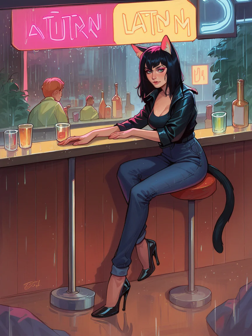 score_9, score_8_up, score_7_up, score_6_up, 1girl, Black hair, catgirl, neon, futuristic, bar, sitting, rain, high heels,  <lora:c4rll4rXLP:1> c4rll4r