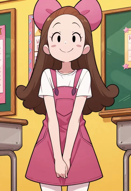 masterpiece, best quality, good quality, 1girl, solo, long hair, brown hair, pink hairbow, black eyes, blush stickers, pink overall dress, white shirt, short sleeves, white pantyhose, purple shoes, standing, v arms, looking at viewer, smile, indoors, classroom, cowboy shot, upper body,