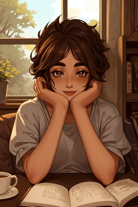 best quality, masterpiece, original, highres, illustration, best lighting and shadow, aesthetic wallpaper, amazing, beautiful, taliyah, 1girl, solo, dark skin, dark-skinned female, short hair, thick eyebrows, brown eyes, freckles, extremely detailed and beautiful face, happy, smile, book, reading, tea, window, sitting, comfortable, upper body,
<lora:tali-20:0.5>