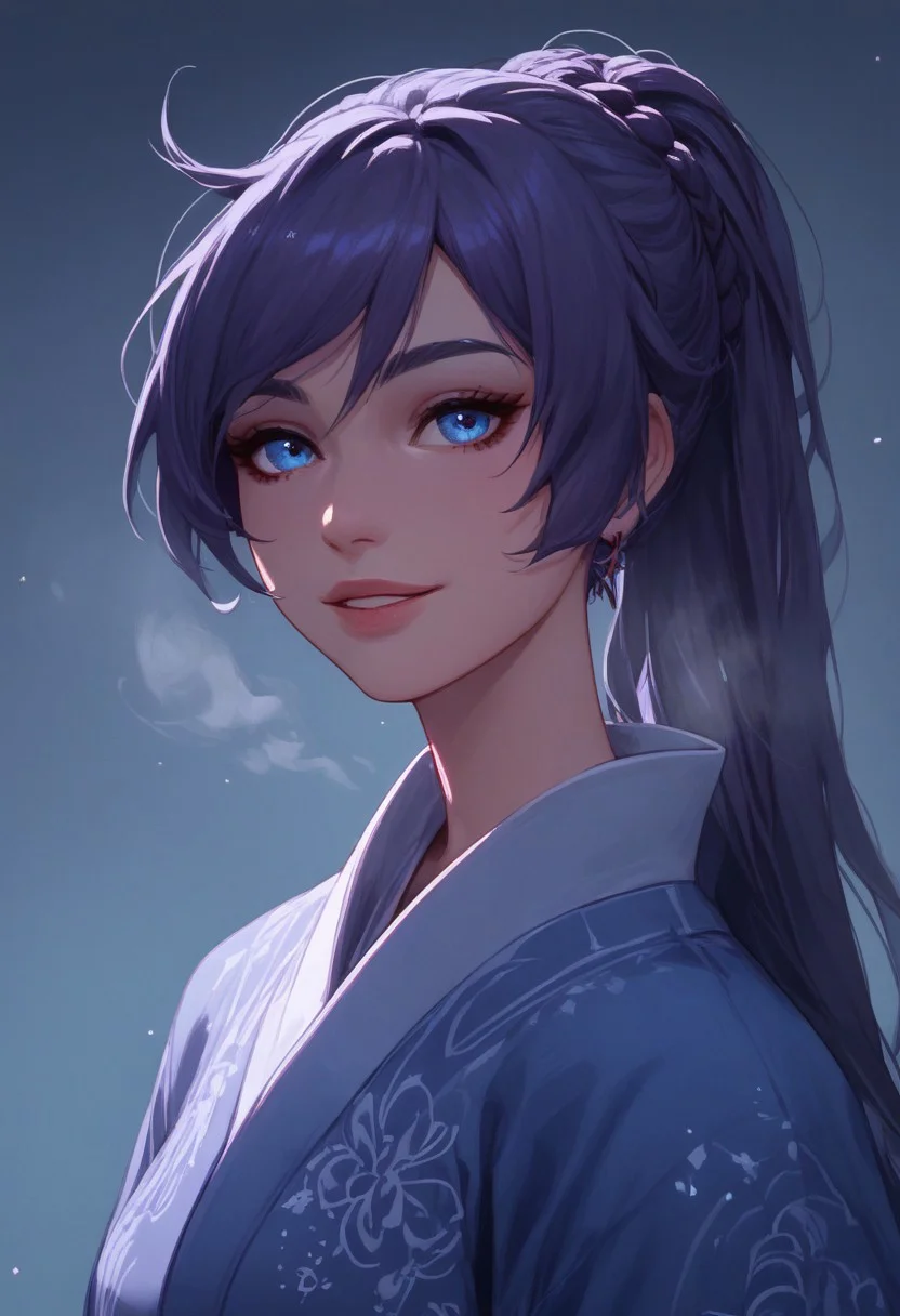 score_9, score_8_up, score_7_up, score_6_up, female portrait, 1girl, solo, Kiana, long hair, smile, bangs, blue eyes, braid, raven hair, ponytail, kimono, close up, waist up, posing, parted lips, steam, cold weather, foggy, night time, street, walking, dynamic angle, natural light,