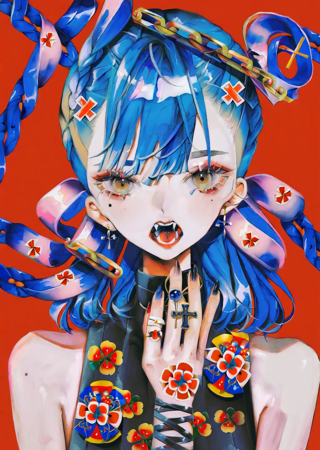 by yogisya,
1girl, solo, hair rings, chain, yellow eyes, blue hair, red background, long hair, looking at viewer, braid, jewelry, open mouth, hair ornament, fangs, bangs, teeth, mole, dress, simple background, black nails, fingernails, cross, bare shoulders, chinese clothes, upper body, nail polish
best quality, masterpiece,
