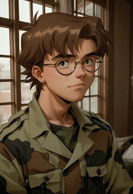 score_9, score_8_up, score_7_up, score_6_up, source_anime, comokensuke, glasses, 1boy, male focus, military uniform, <lora:Degen_kensuke_alpha:.85> camouflage, sorry ourdoors