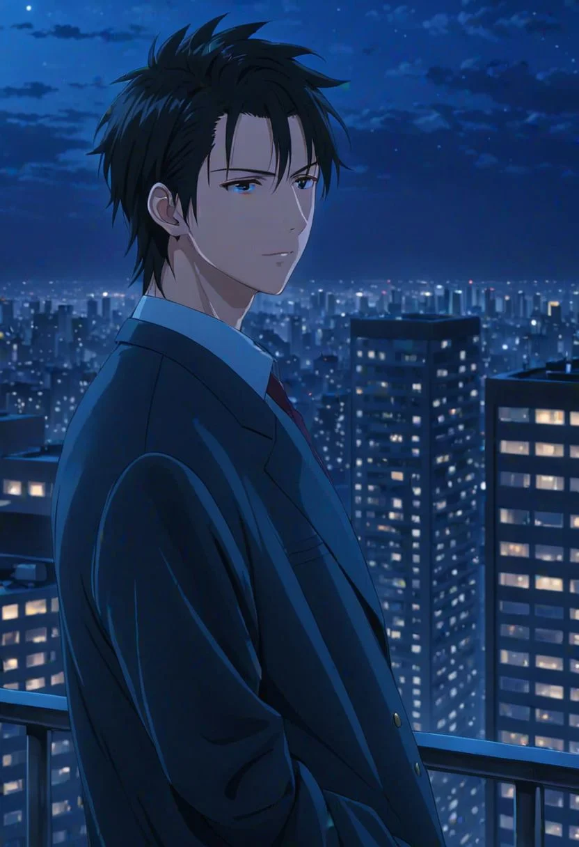 Highres, Masterpiece, High Quality, 4K, Soujiro Agata, 1boy, solo, black hair, narcissistic, high-rise building roof, Realistic Light, candid photo, Night View, Night Landscape View