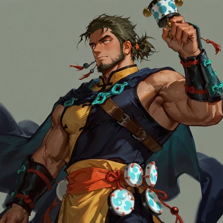 <lora:Tsang_Lei__Alchemist_Code-000004 (1):.7>,tagatametsang, 1boy, middle hair, green hair, slicked back, tied hair, yellow eyes, solo, male focus, manly, bara, mature male, muscle body, tangzhuang, sleeveless, sash, arm guards, cape, rattle drum
cowboy shot, 
(very short hair, beard, bara, mature, facial hair, stubble, beard, full beard, sideburn, beard, a lot of beard, ), facial hair,male focus, muscular male, muscular male, bara, mature,  bara, mature, aixiwuganda_(20222192), very awa, masterpiece, best quality, absurdres, newest, perfect quality, detailed background, intricate details,
<lora:slider_Body Type_alpha1.0_rank4_noxattn_last:3><lora:Anime Summer Days 2 Style SDXL_LoRA_Pony Diffusion V6 XL:.6><lora:slider_cfg_scale_boost:.7><lora:Artist6p:.55>, Artist6p, Artist04p,<lora:slider_il_brightness_slider_d1:-1><lora:slider_il_contrast_slider_d1:-1><lora:slider_DarkSlider1.2_alpha1.0_rank16_full_300steps:-.6>