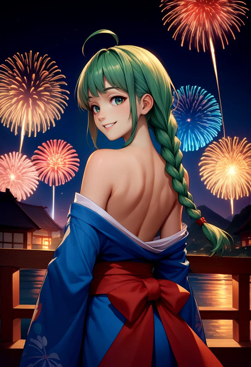 score_9, score_8_up, score_7_up, source_anime, from behind, solo, 1girl, me-tan, smile, looking back, ahoge, twin braids, blue kimono, off shoulder, red sash, bare shoulders, fireworks <lora:os-tan_me-tan_xl_ponyXL:1>