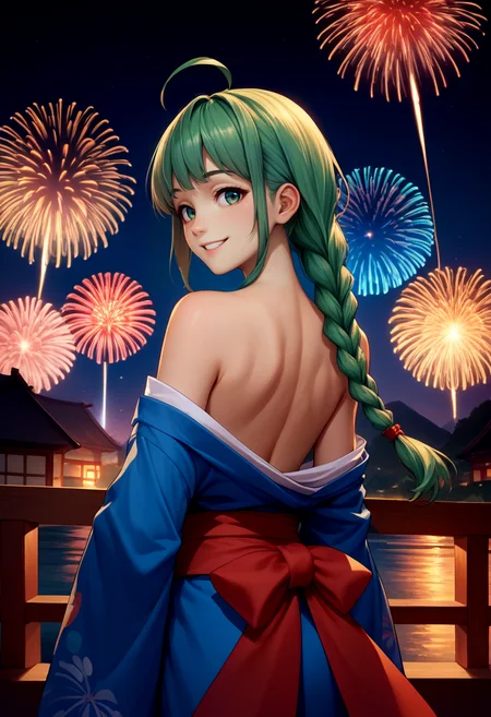 score_9, score_8_up, score_7_up, source_anime, from behind, solo, 1girl, me-tan, smile, looking back, ahoge, twin braids, blue kimono, off shoulder, red sash, bare shoulders, fireworks <lora:os-tan_me-tan_xl_ponyXL:1>
