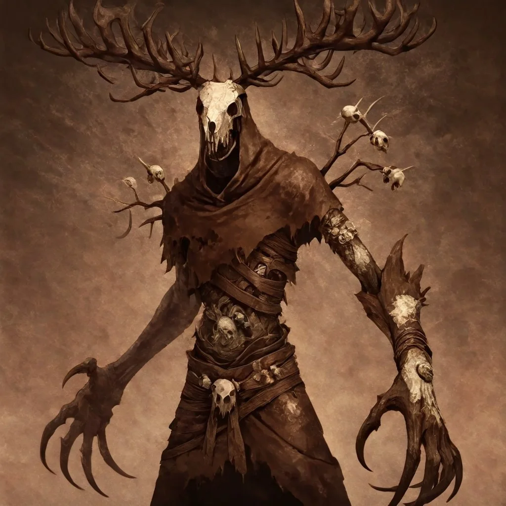 masterpiece, best quality, newest, absurdres, highres, D3CSPS-V1.0, brown theme, sepia, no humans, monster, W3Leshen, antlers, skull, claws, monster, torn clothes, horns,