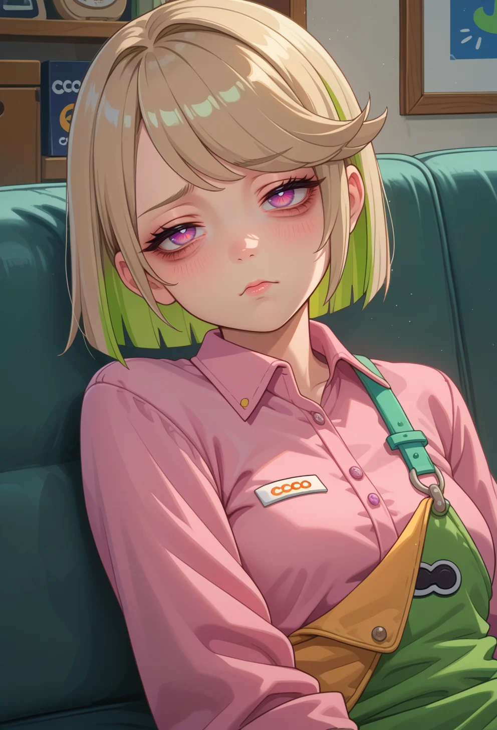 score_9, score_7_up, source_anime, BREAK solo,  <lora:AECoco:0.7> AECoco, pink eyes, purple eyes, multicolored hair, blonde hair, green hair, swept bangs, bags under eyes,half-closed eyes, sleepy, on couch, on side,