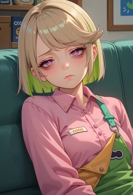 score_9, score_7_up, source_anime, BREAK solo, <lora:AECoco:0.7> AECoco, pink eyes, purple eyes, multicolored hair, blonde hair, green hair, swept bangs, bags under eyes,half-closed eyes, sleepy, on couch, on side,