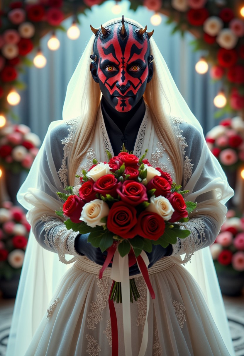 Darth Maul, shown from the waist up, wearing an intricately designed white wedding dress with delicate lace details and a flowing veil draping over his red-and-black tattooed face. He has long, ridiculously exaggerated blonde eyelashes, complementing his flowing blonde hair, which cascades around his visible spikes. He holds a large, ornate bouquet of red and white roses in front of his body. The bouquet is beautifully decorated with ribbons and greenery. The background features a cinematic photoshoot setting, with soft, romantic lighting enhancing the contrast between his fierce appearance and the elegance of the wedding scene. Floral arrangements and soft bokeh lights add depth