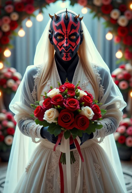 Darth Maul, shown from the waist up, wearing an intricately designed white wedding dress with delicate lace details and a flowing veil draping over his red-and-black tattooed face. He has long, ridiculously exaggerated blonde eyelashes, complementing his flowing blonde hair, which cascades around his visible spikes. He holds a large, ornate bouquet of red and white roses in front of his body. The bouquet is beautifully decorated with ribbons and greenery. The background features a cinematic photoshoot setting, with soft, romantic lighting enhancing the contrast between his fierce appearance and the elegance of the wedding scene. Floral arrangements and soft bokeh lights add depth