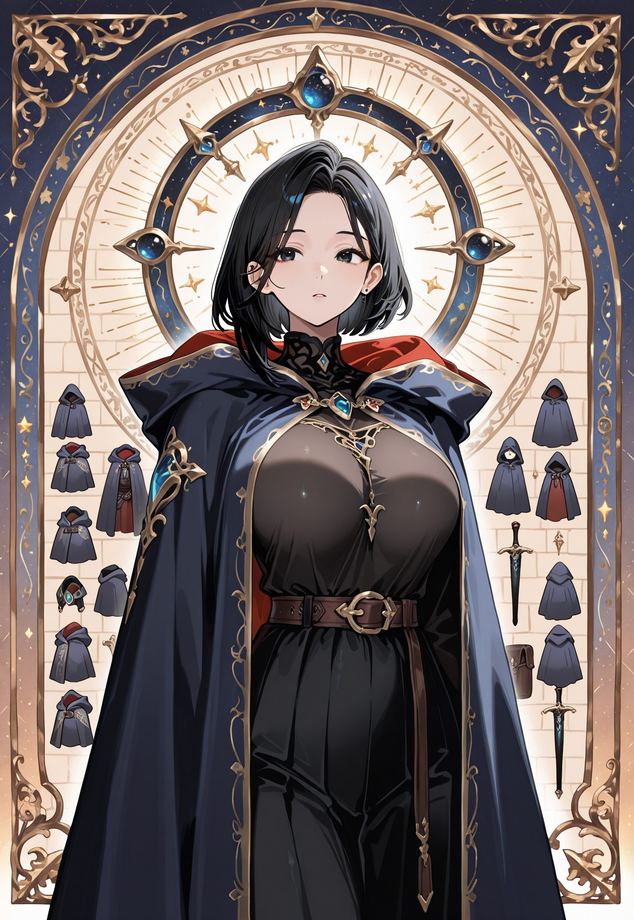 anime, solo, 1 woman,
Black hair, large breasts, one tucked behind ear, black eyes, feature large highlight, wearing Cloak,  feature double highlights, shaped eyeblow, 
sensitive,
Multiple Object Background, multiple Cloak model in background, fantasy,
(masterpiece:1.3), best quality, high resolution, unity 8k wallpaper, (illustration:1.2), 8K,