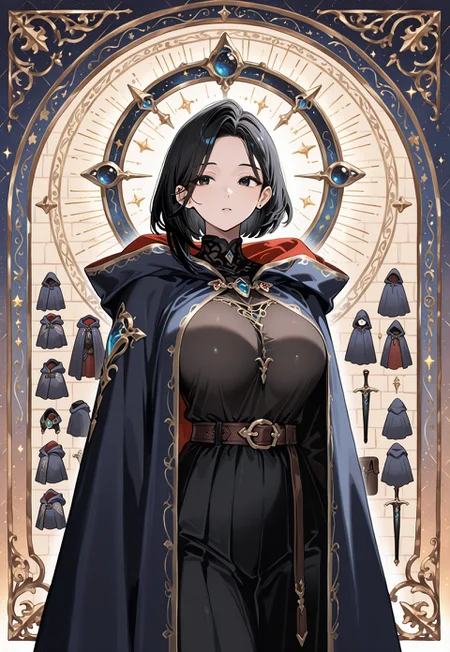 anime, solo, 1 woman,
Black hair, large breasts, one tucked behind ear, black eyes, feature large highlight, wearing Cloak, feature double highlights, shaped eyeblow,
sensitive,
Multiple Object Background, multiple Cloak model in background, fantasy,
(masterpiece:1.3), best quality, high resolution, unity 8k wallpaper, (illustration:1.2), 8K,