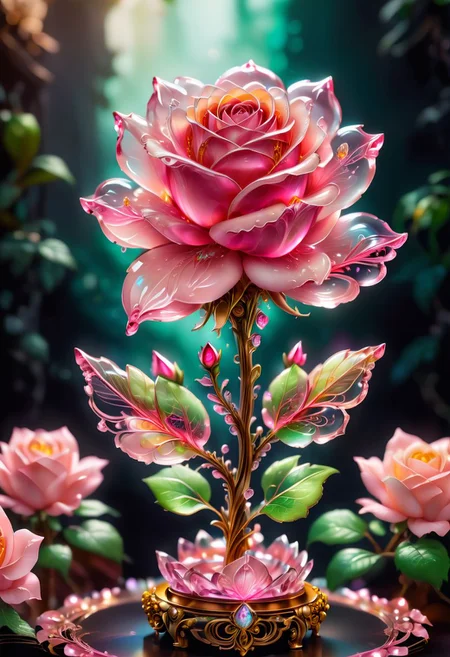 pink crystal rose flower, strong focus on subject, strong bokeh, empty background, <lora:SDXL\detailed_notrigger:0.5>, <lora:SDXL\add-detail-xl:0.5>, <lora:SDXL\SDXLFaeTastic2400:0.5>, <lora:SDXL\WowifierXL-V2:0.5>