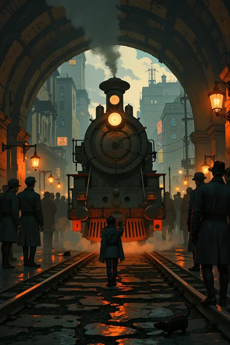 Deep within the tunnels of an underground railway station, a frantic conductor with coal-dusted skin and a grease-streaked uniform shakes his fists at a stalled locomotive. The massive iron beast hisses and sputters, its brass pistons barely trembling despite his desperate attempts to coax life into it. Around him, passengers grumble, their elaborate hats and heavy coats shifting uncomfortably in the sweltering heat of the steam-filled tunnel. The glow of gas lamps flickers overhead, illuminating the soot-streaked faces of workers scrambling to diagnose the problem. A rat scurries across the tracks, oblivious to the growing tension as the schedule begins to fall apart. The conductor wipes his forehead with a grimy sleeve, muttering a string of choice curses at the stubborn machinery. Above, the streets of the city carry on, oblivious to the struggle below, their hum of industry uninterrupted. A small boy tugs on the conductorâs coat, asking if the train will ever move again, earning only a weary sigh in response. , detailed background  Fantastic lighting. Detailed shadows.intricate details, vivid colors, hyper-detailed, ultra-sharp, , <lora:Semi-realisticPortraitPainting:0.4> <lora:Let_It_Blaze_in_Crimson_anime_v1.0:0.6>