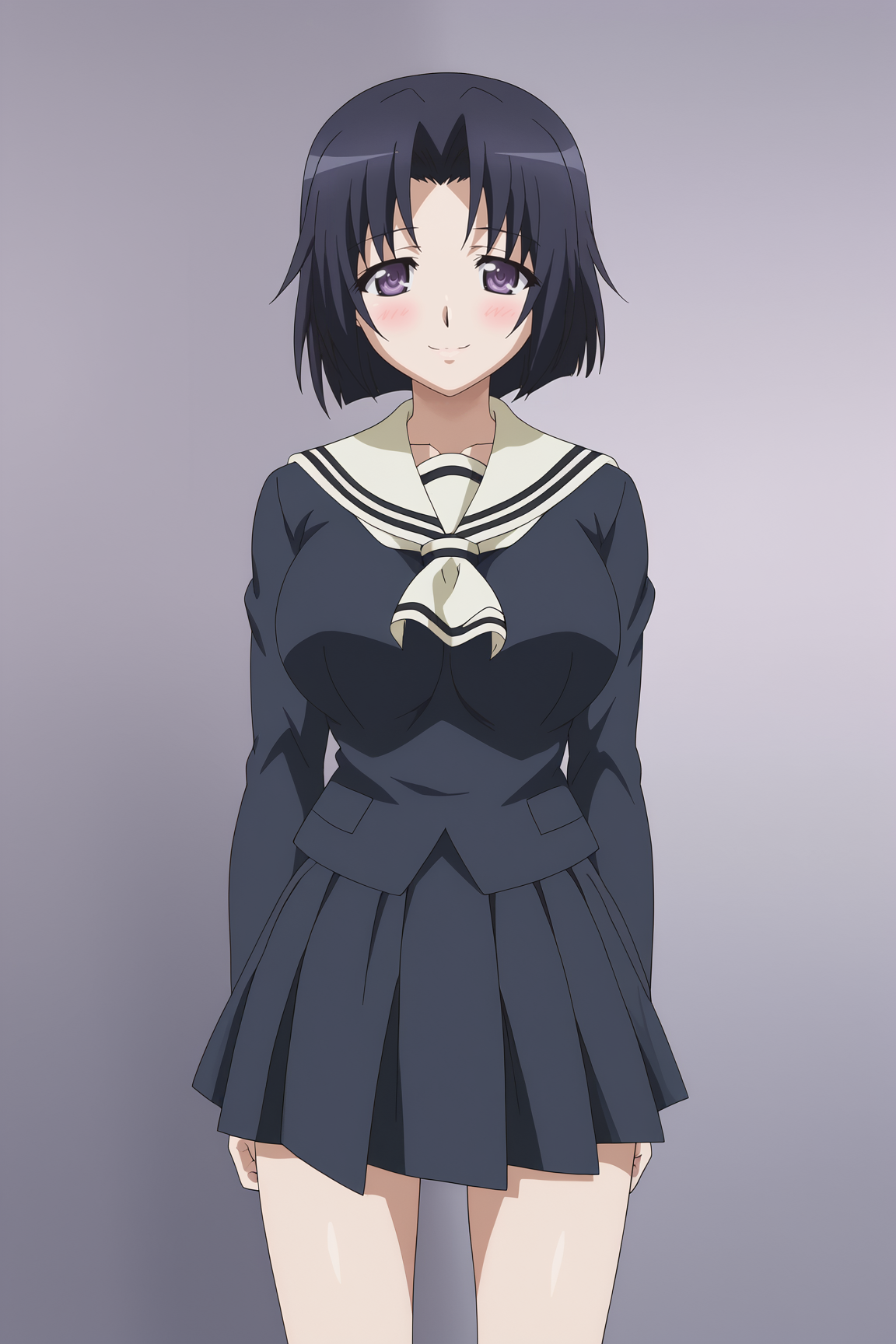 score_9, score_8_up, score_7_up, source anime, prefect lighting, very aesthetic, BREAK, anime coloring, anime screencap,
<lora:swing_out_sisters_v1-pony6:1>, 1girl, chiyo \(swing out sisters\), purple eyes, black hair, large breasts,
BREAK, looking at viewer, blush, happy, 
BREAK,  school uniform, miniskirt,