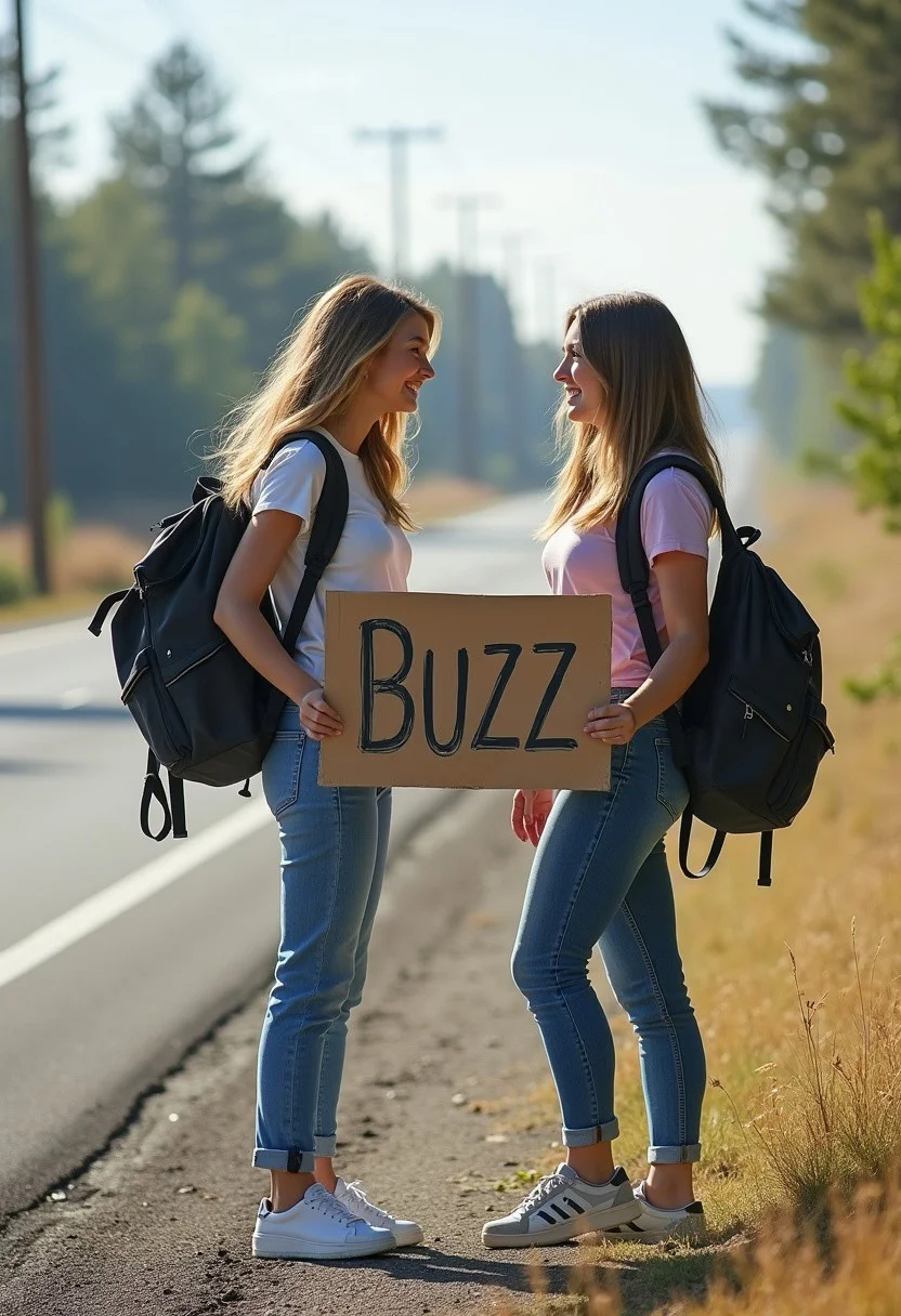 Yep beautiful young women are hitchhiking on the side of a road. They hold a sign that says BUZZ.
They are wearing right fitting jeans, and a T-shirt and comfortable shoes.
They each carry a big backpack.