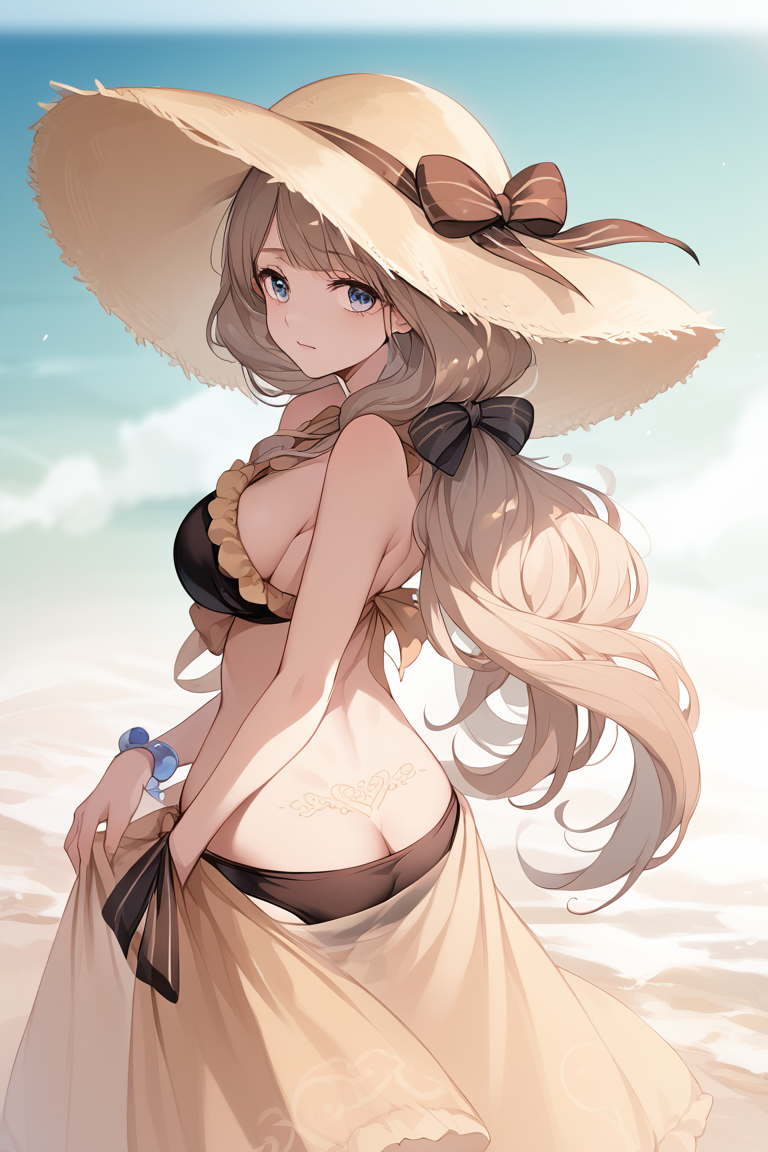 score_9, score_8_up, score_7_up, best quality, masterpiece, 4k, perfect lighting, very aesthetic, anime BREAK score_9, score_8_up, score_7_up, score_6_up, source_anime, 1girl, back tattoo, BREAK sumMercie, blue eyes, low-tied long hair, hair over shoulder, sun hat, black bikini, frilled bikini, sarong, bracelet, beach, <lora:Concept_Trampstamp:1>,  <lora:mercedes-pdxl-nvwls-v1:1>, rating_explicit, uncensored