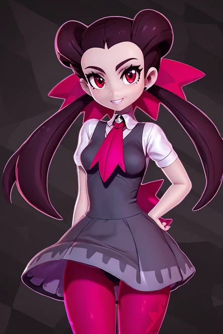 score_9, score_8_up, score_8, medium breasts, (curvy), cute, eyelashes,       BREAK, , ,,,   zzRoxanne, red eyes, long hair, brown hair, twintails, hair pulled back, pantyhose, ascot, grey dress, short sleeves, ribbon, shirt, hair ribbon, <lora:Roxanne_Pokemon_PDXL:1.0>, ,,, , BREAK, smile, looking at viewer, cowboy shot, ,,, embedding:zPDXL, Expressiveh, ,,, <lora:Zy0n7_PDXL:0.8>, <lora:SDXLFaeTastic2400:0.5>, <lora:Expressive_H-000001:0.4>,