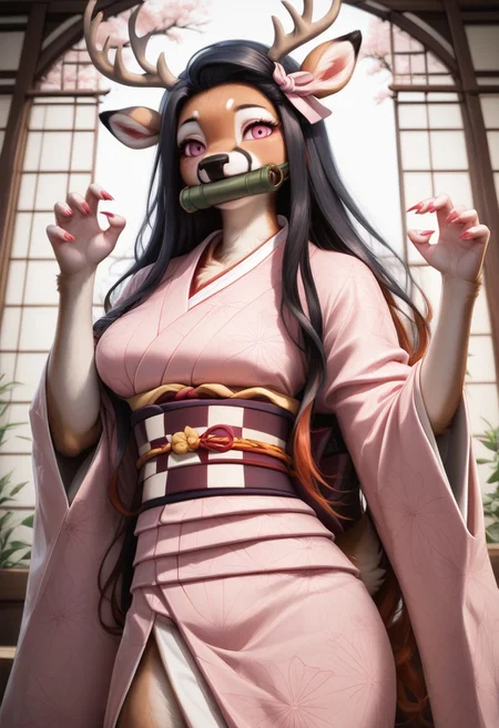 score_9, score_8_up, score_7_up, source_furry, beautiful female deer, furry ,1 girl(deer), middle breasts,detailed face,kind look, bit gag, gag, japanese clothes, long hair, kimono, pink kimono, black hair, bamboo,  claw pose, pink eyes, solo, ribbon, asa no ha (pattern), haori, red nails, hair ribbon, checkered sash, sash, obi, fingernails, gagged, sharp fingernails, mouth hold, pink nails, pink ribbon, hc, ,castle room background(night,dark),Furry antro deer dressed like  Nezuko, solo