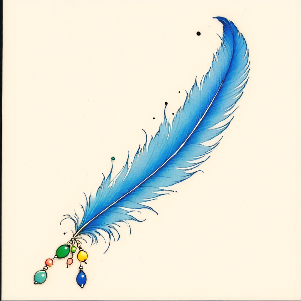 <lora:Delicate_WhimsySDXL:1> ArsMJStyle, Delicate Whimsy, The image shows a blue feather with a green bead on it surrounded by a few colorful dots on a white background., no humans, simple background, white background, traditional media, border, black border, leaf, gem