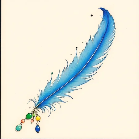 <lora:Delicate_WhimsySDXL:1> ArsMJStyle, Delicate Whimsy, The image shows a blue feather with a green bead on it surrounded by a few colorful dots on a white background., no humans, simple background, white background, traditional media, border, black border, leaf, gem