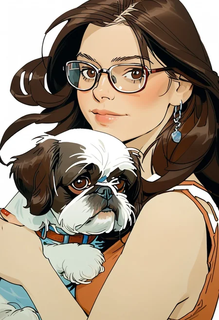NijiEX style illustration. Close up of a girl holding a shih tzu in her arms, glasses. Long flowing brown hair, brown eyes.Style by Masamune Shirow.