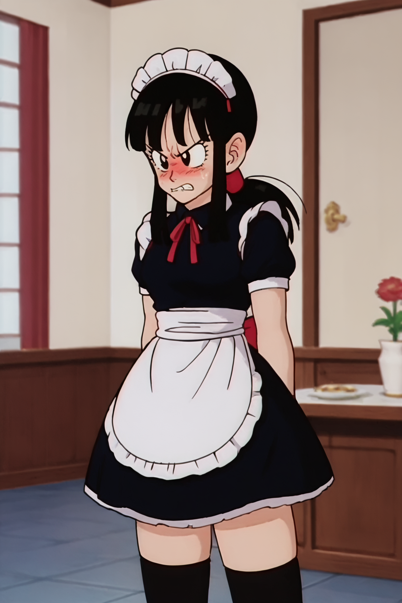 source_anime, score_9, score_8_up, score_7_up, anime screencap,8k, absurdres, 
chi-chi, long hair, bangs, black hair, ponytail, sidelocks, blunt bangs, black eyes,
maid headdress, maid, black thighhighs, embarrassed, angry, frustrated, 
mansion, indoors, 
 <lora:chichi_pony_v1:0.8>