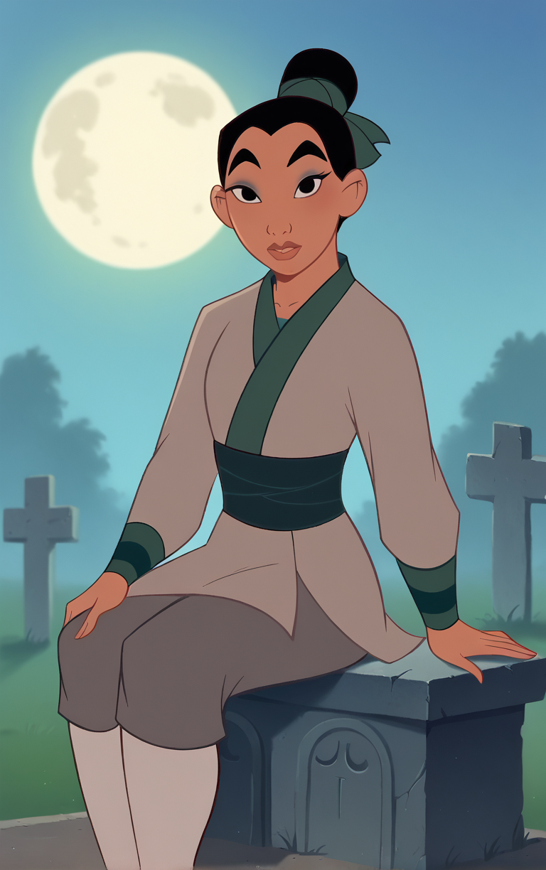 score_9, score_8_up, score_7_up, looking at viewer,  BREAK
GreyDressHairTied_Fa_Mulan_ownwaifu, 
1girl, black hair, black eyes, single hair bun, short hair, dark skin, topknot, hair ribbon, lips, makeup, ribbon, thick eyebrows, 
grey dress, long sleeves, japanese clothes, grey pants,
(sitting, full moon), graveyard, grave, tombstone, moonlight, <lora:PONYXL_Fa_Mulan_Movie_ownwaifu:0.8> , depth of field, solo,