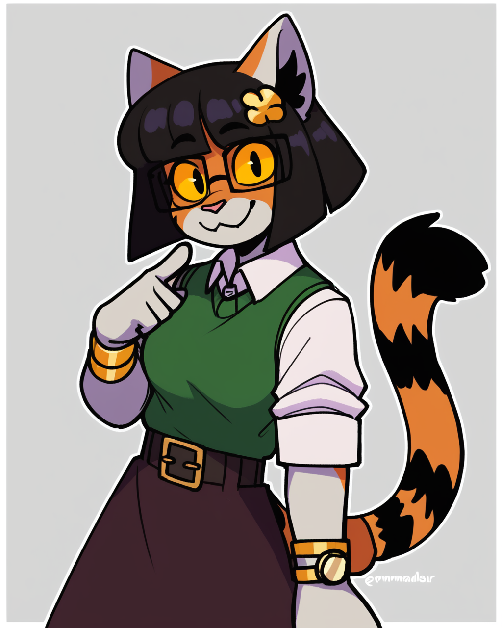 score_9_up, score_8_up, score_7_up, score_6_up,  by remanedur, half-length portrait, female, black hair, cat, tail, medium breasts, yellow sclera, hair accessory, tail bracelet, hair ornament, tiger tail, shirt, sweater vest, panty hose, skirt, gold wristwatch, bracelet, belt, furry, bangs, square glasses, short hair, looking at viewer, happy, smile, head tilt, solo, three-quarter view, simple background, white outline, <lora:Leah_Pines(AIM)_XL_v1:0.15> <lora:PDXL_artist_tags_v2_big:0.5> <lora:The-Minuscule-Task_PDXL_v1.0:0.6>   <lora:Kaede_murninatair:0.7>