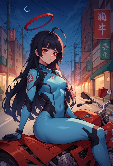 score_9, score_8_up,score_7_up, source_anime, 1girl, solo, <lora:EPbaTsurugi_epoch_8:0.8>, EPbaTsurugi, black hair, long hair, red eyes, blunt bangs, halo, ahoge, cowboy shot, leaning, motor vehicle, ground vehicle, motorcycle, sitting, on motorcycle, pastel blue bodysuit, bodysuit, night, street,