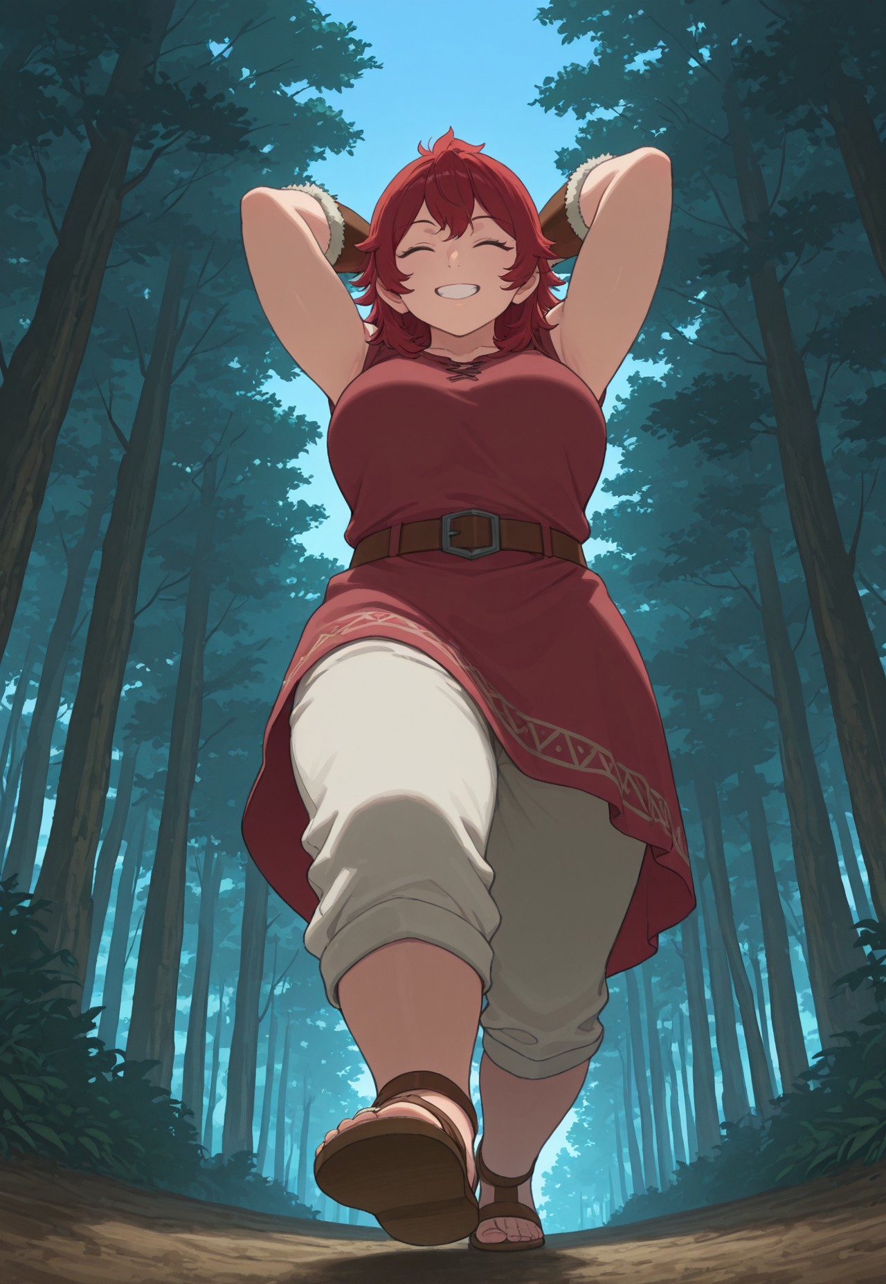 safe_pos, safe_pos, score_9, score_8_up, score_7_up, masterpiece, best quality, very aesthetic, absurdres, amazing quality, high resolution, ultra-detailed, volumetric lighting, newest, scenery, DunMeshi_Namari, 1girl, solo, dwarf, red hair, medium hair, large breasts, CasualNamari, alternate outfit, red tunic, brown arm guards, fur-trimmed bracer, belt, white pants, brown sandals, grin, closed eyes, arms behind head, walking, forest, blue sky, day, dynamic pose, perspective, dungeon, dark, looking at viewer