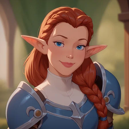 (((beautiful, high quality))), upper Body, score_9, score_8_up, score_7_up, Elf, pointed ears, small ears, auburn hair, hair braid, wide hips, curvy, 1girl, blue eyes, looking at the viewer, dynamic pose, blurred background, smile, (blue armor:1.2), massive armor, narrowed eyes, helmet, lips closed, DisneyRenstyle,