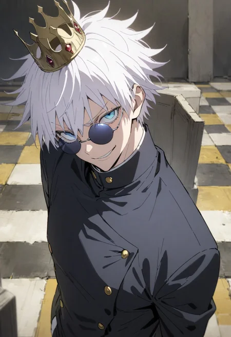 score_9, score_8_up, score_7_up, score_6_up, masterpiece, best quality, absurdres, cinematic, perfect composition, solo, 1boy, gojou satoru, blue eyes, white hair, crown on head, round sunglasses, jacket, black jacket, gakuran, school uniform, high collar, smirk, standing, looking at viewer,