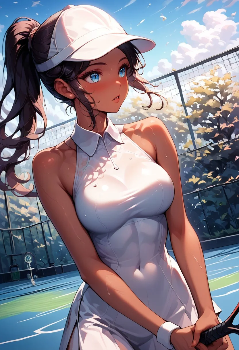 masterpiece, score_9, score_8_up, score_7_up, source_anime, (best quality:1.1), ultra-detailed, high resolution, solo, (Iga Świątek), tennis player, super detailed skin, beautiful detailed blue eyes, Highly Visible, 8k, sharp focus, beautiful, perfect lighting, anatomically correct, anatomically correct face, extremely detailed eyes, smooth edges, ponytail, athletic, (perfect hands:1.2), (high detailed slightly tanned skin), white sports outfit, white hat, shine on body, visible elbow, high detail, blush, dynamic pose, holding a tennis racket, (on the tennis court), sweat, Expressiveh, OverallDetail, detailed background, zPDXL2