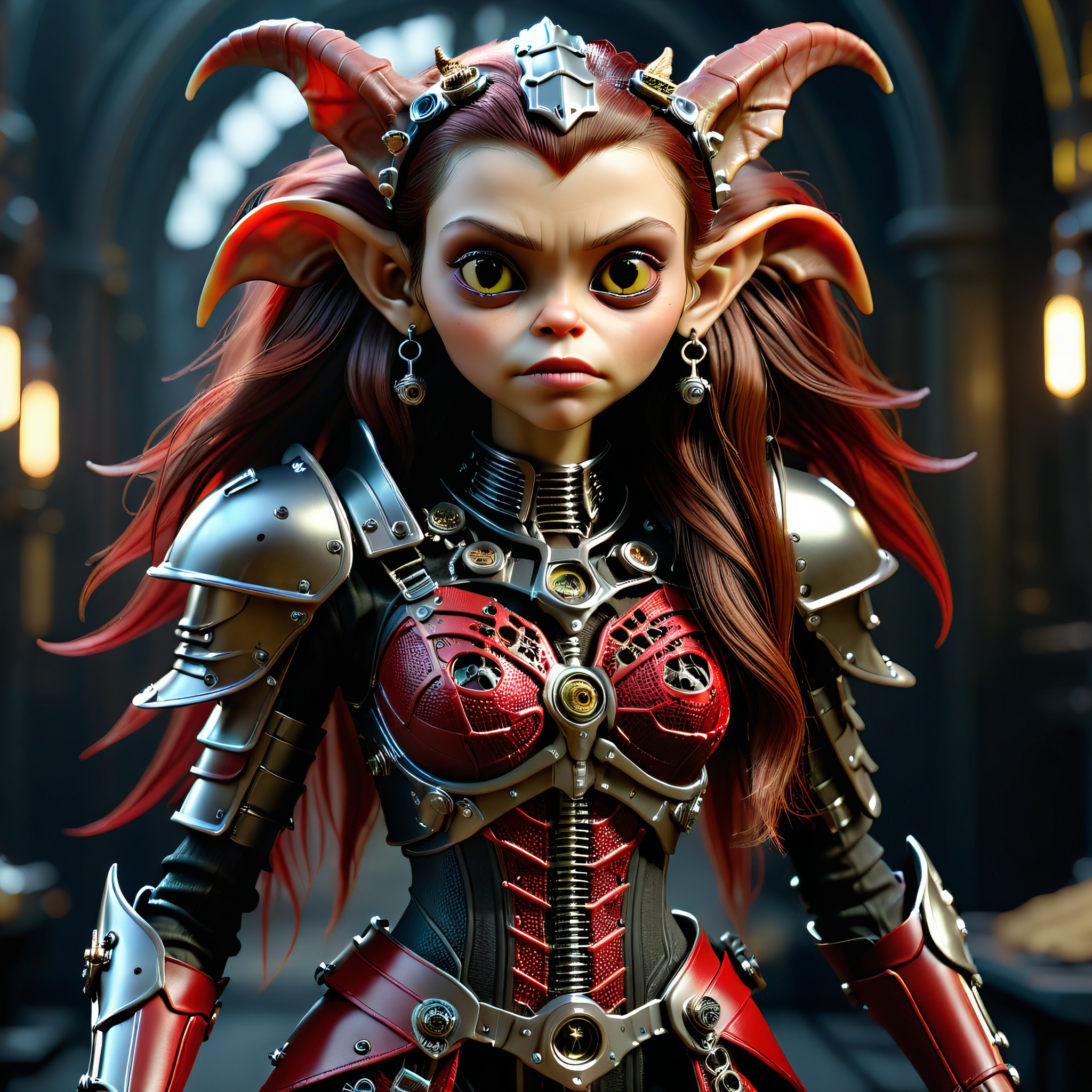 masterpiece, intricate photo of chritmas female mechanical alien android gremlin in knight armor,long hair, vampire clothing, death angel dress, cyberpunk style, steampunk style, gothic art, red black dress, hyper realistic, highly detailed, sharp focus, best quality, 8K