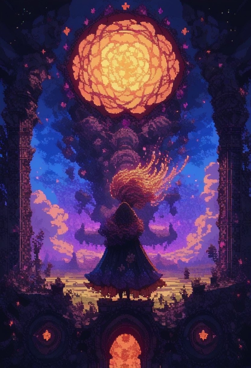 score_9, score_8_up, score_7_up, ethereal pixel art, (dreamy:1.3) landscape, (soft glow:1.2), whimsical creatures, vibrant colors, floating islands, starry sky, intricate details, serene atmosphere, by (Yoshitaka Amano:1.4), enchanting mood. d3p1x3l, pixel art,