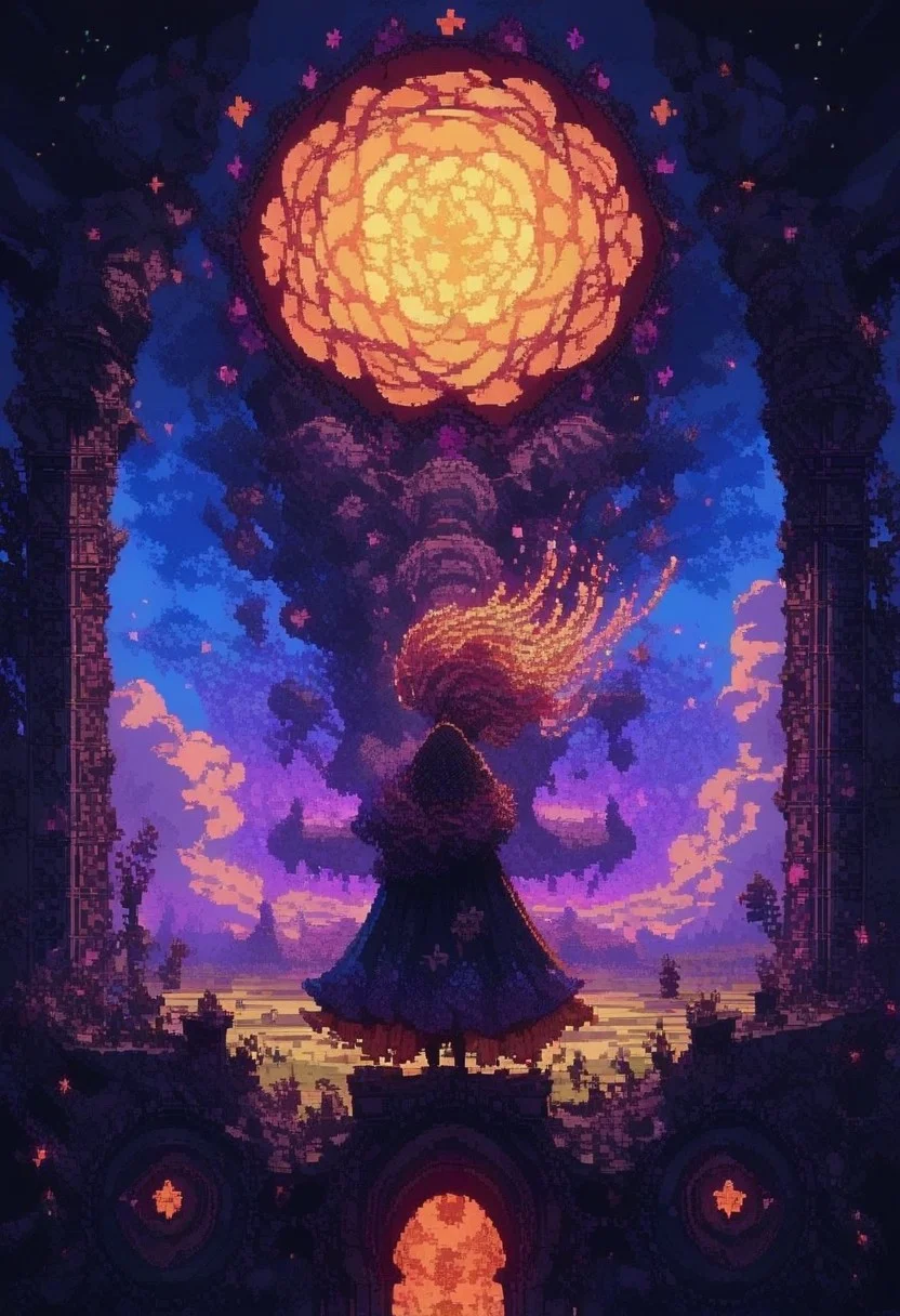 score_9, score_8_up, score_7_up, ethereal pixel art, (dreamy:1.3) landscape, (soft glow:1.2), whimsical creatures, vibrant colors, floating islands, starry sky, intricate details, serene atmosphere, by (Yoshitaka Amano:1.4), enchanting mood. d3p1x3l, pixel art,