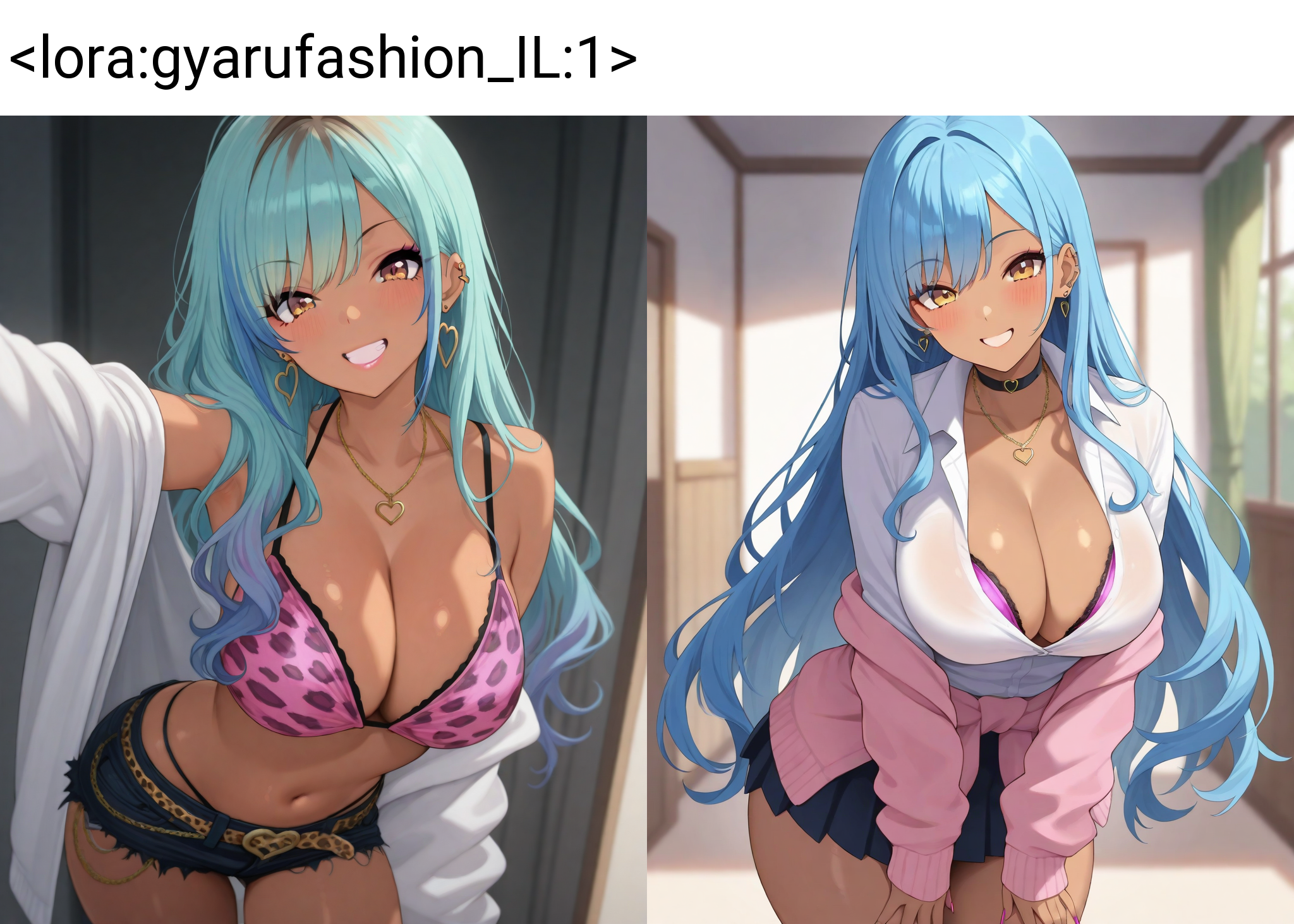 masterpiece,best quality,highres illustration,detailed face,1girl,<lora:gyarufashion_IL:1>,gyaru,cowboy shot,blue hair,smile,